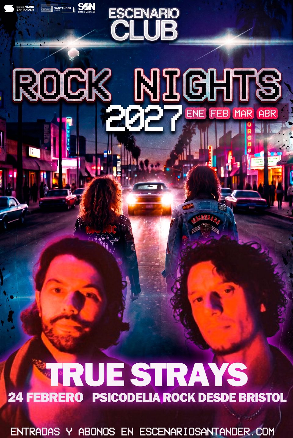 Cartel oficial de True Strays en Rock Nights 2027, 24 de febrero, psicodelia rock desde Bristol